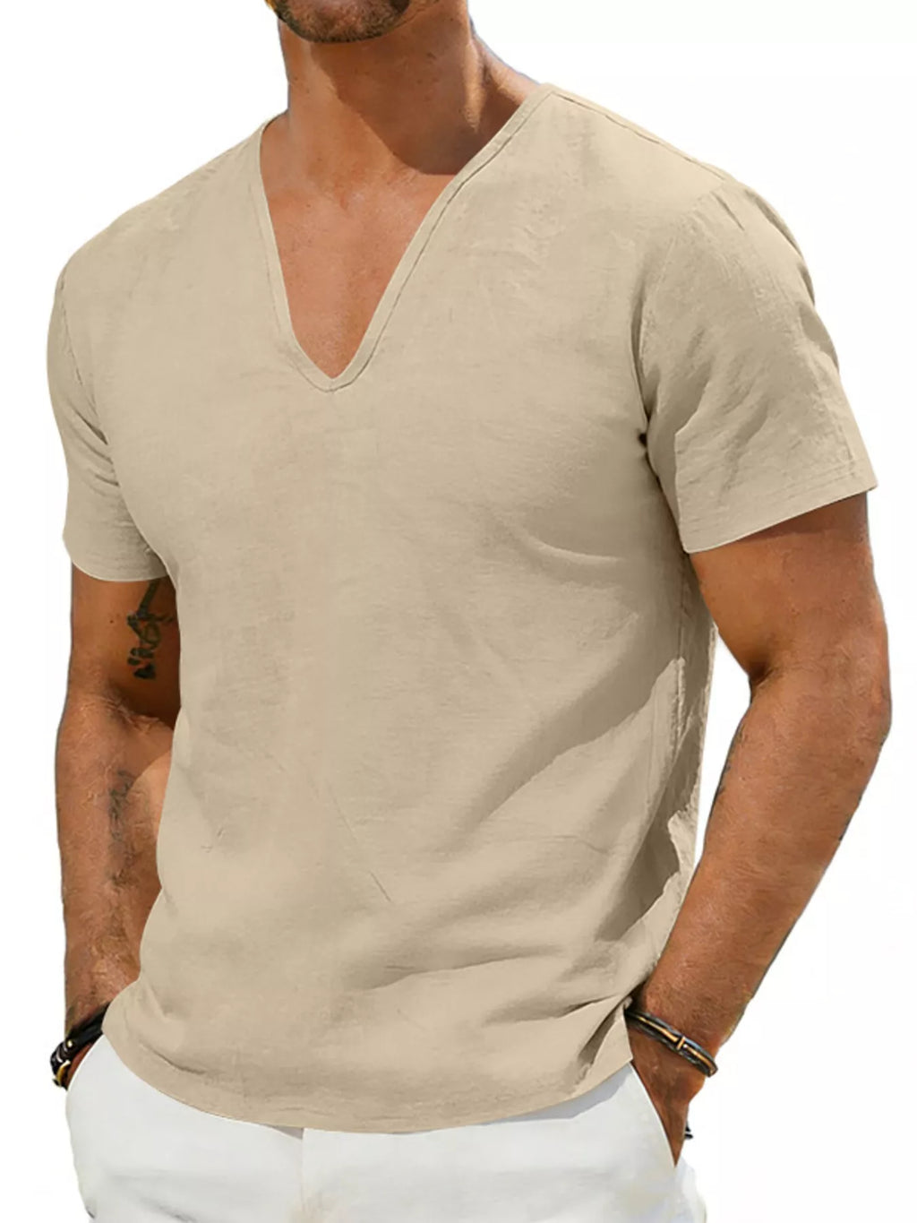 Men's Full Size Casual V-Neck Linen T-Shirt Plus Size
