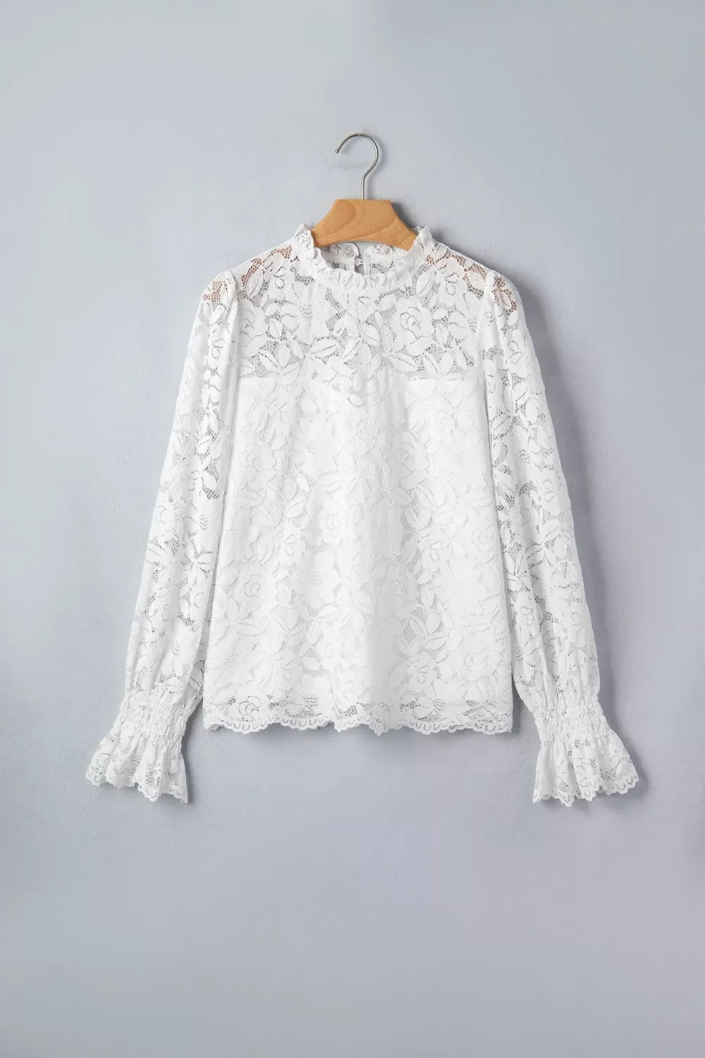 Ruffled Round Neck Long Flounce Sleeve Sheer Lace Blouse