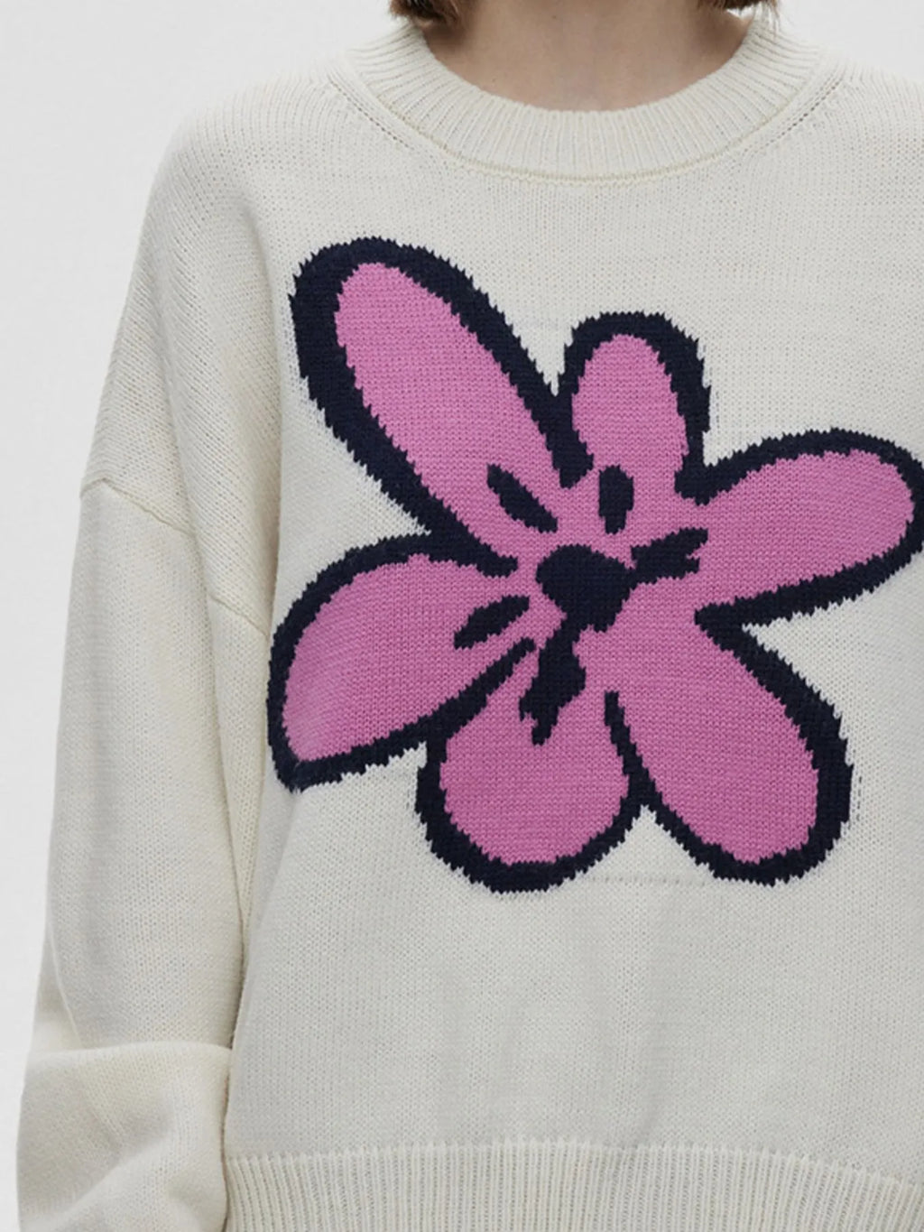 Flower Ribbed Hem Round Neck Sweater