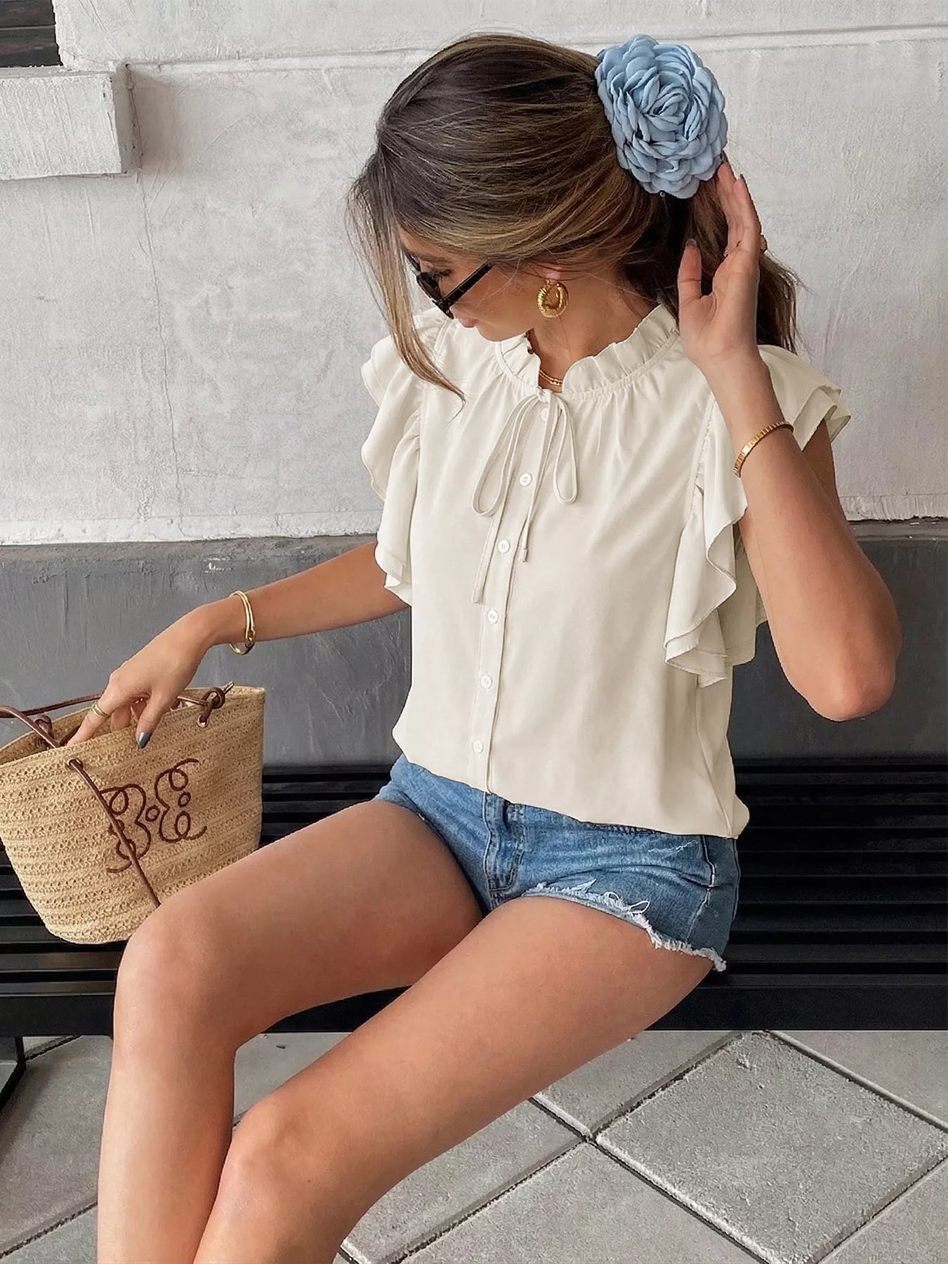 Ruffle Sleeve Tie-Neck Shirt