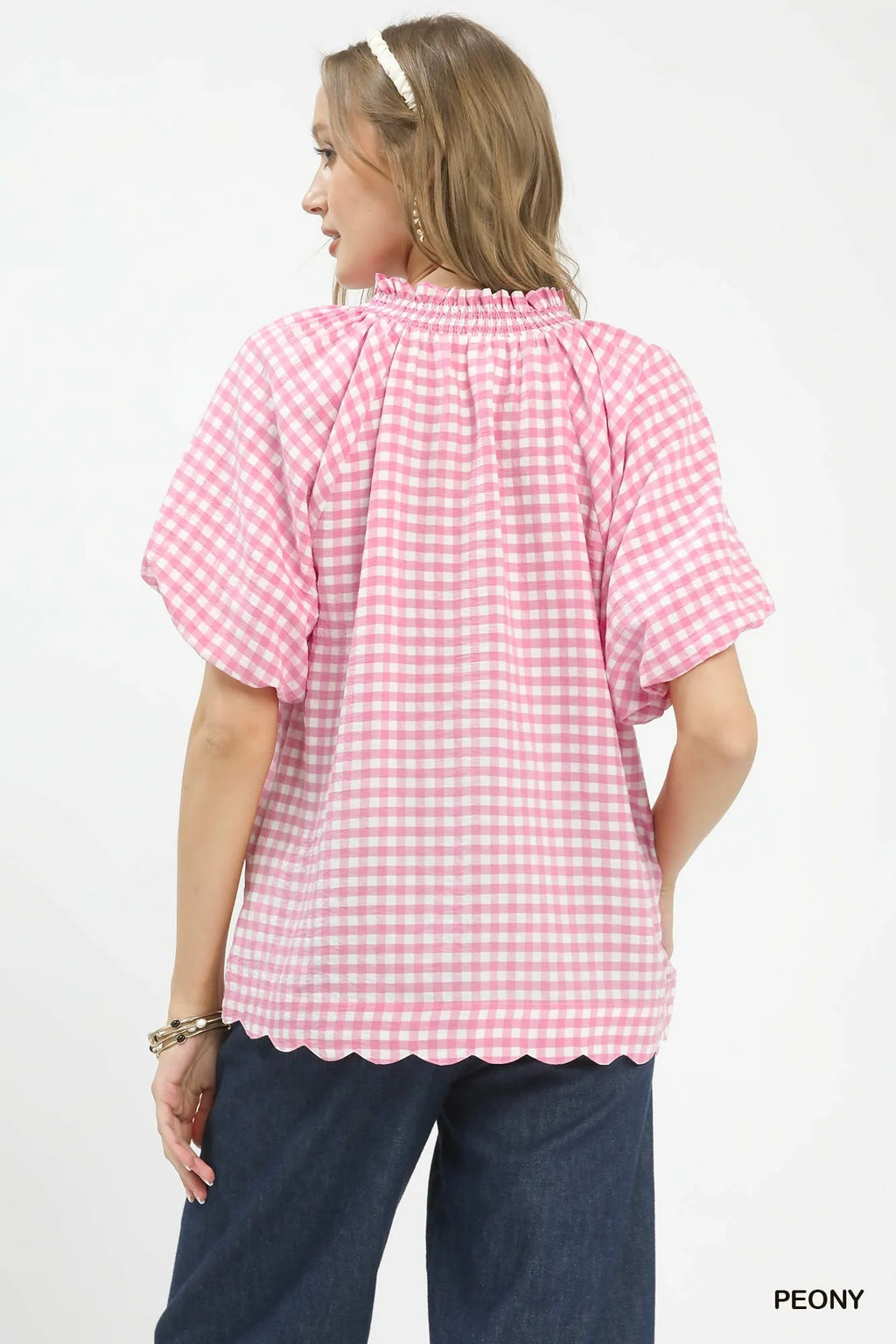 Umgee Gingham Bubble Sleeve Blouse with Scallop Hem