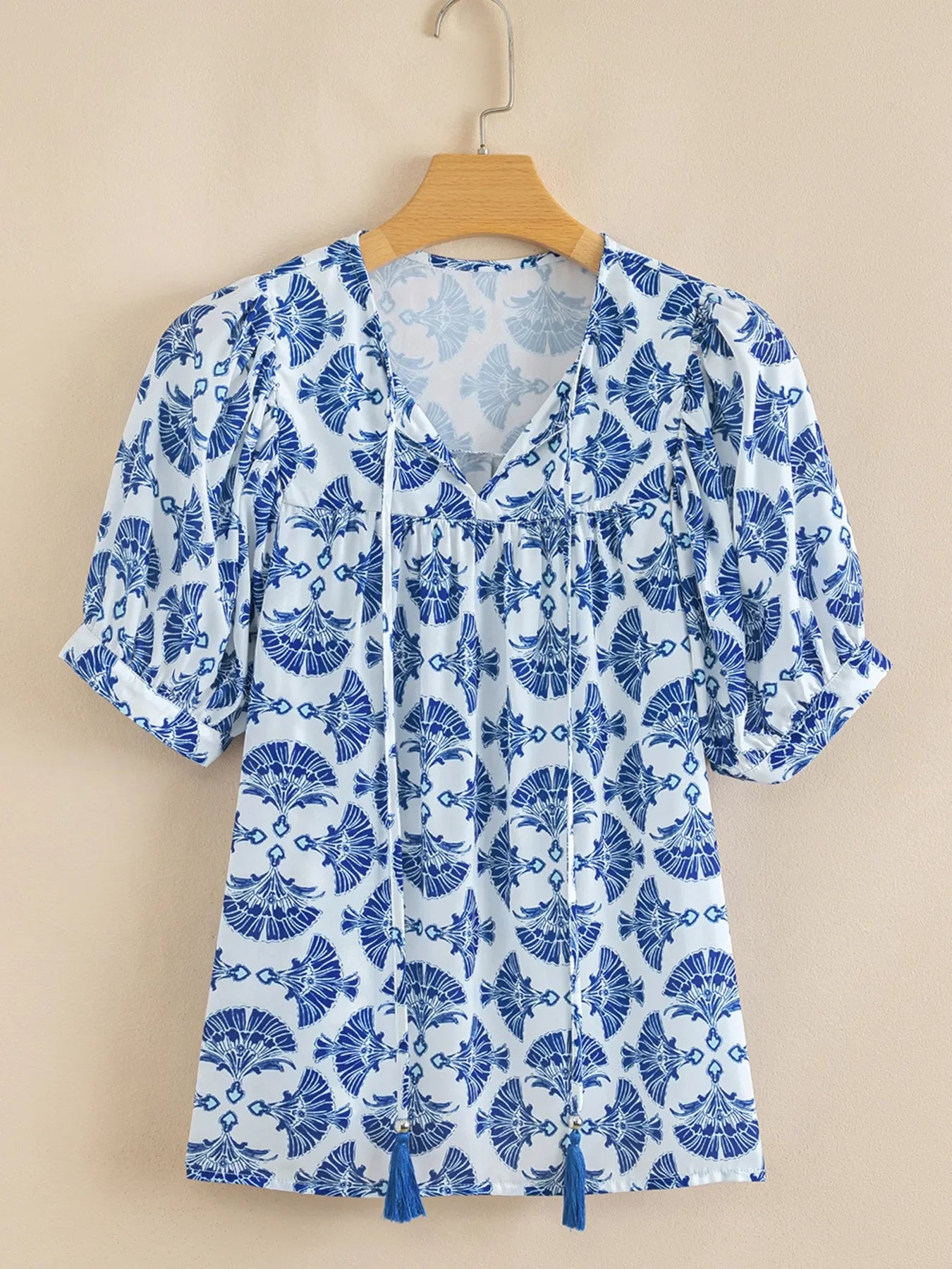 Printed Tassel Tie Neck Blouse
