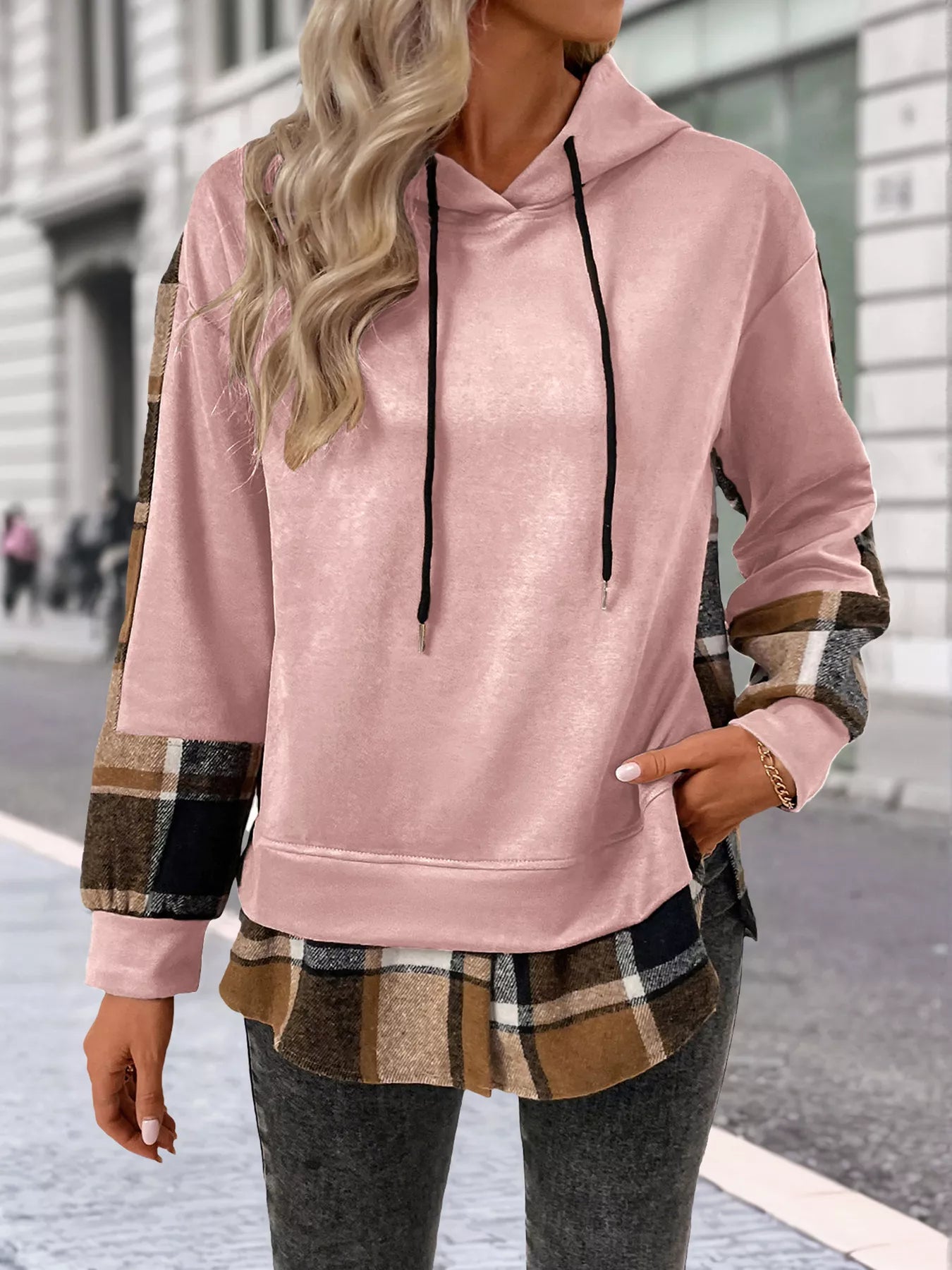 Plaid Drawstring Long Sleeve Hoodie