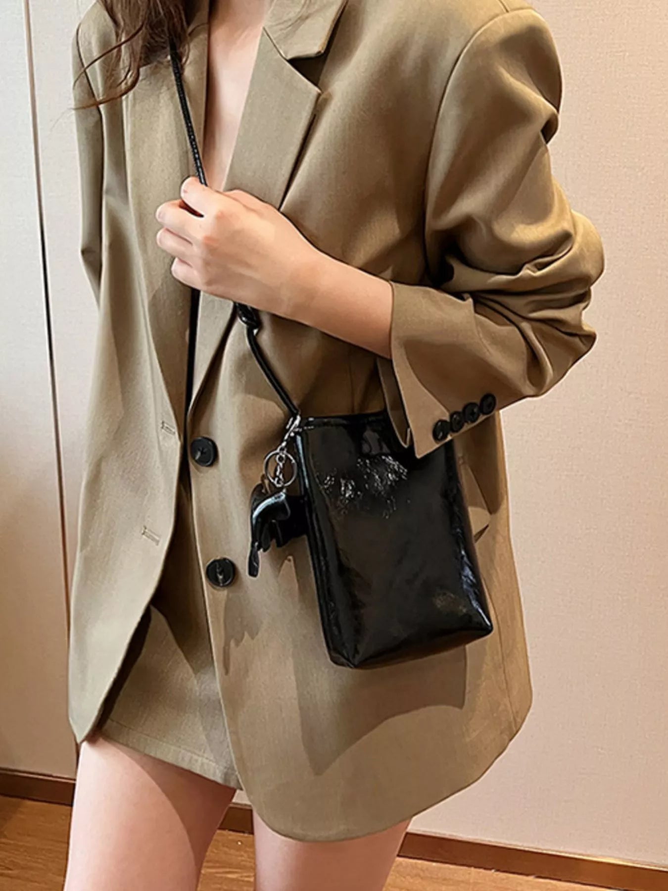 Minimalist PU Leather Crossbody Bag with Elephant Charm