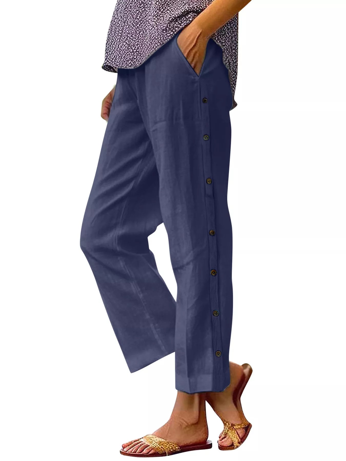 Full Size Side Button Decor Pants Plus Size