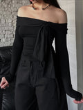 Off-Shoulder Tie-Front Long Sleeve Blouse