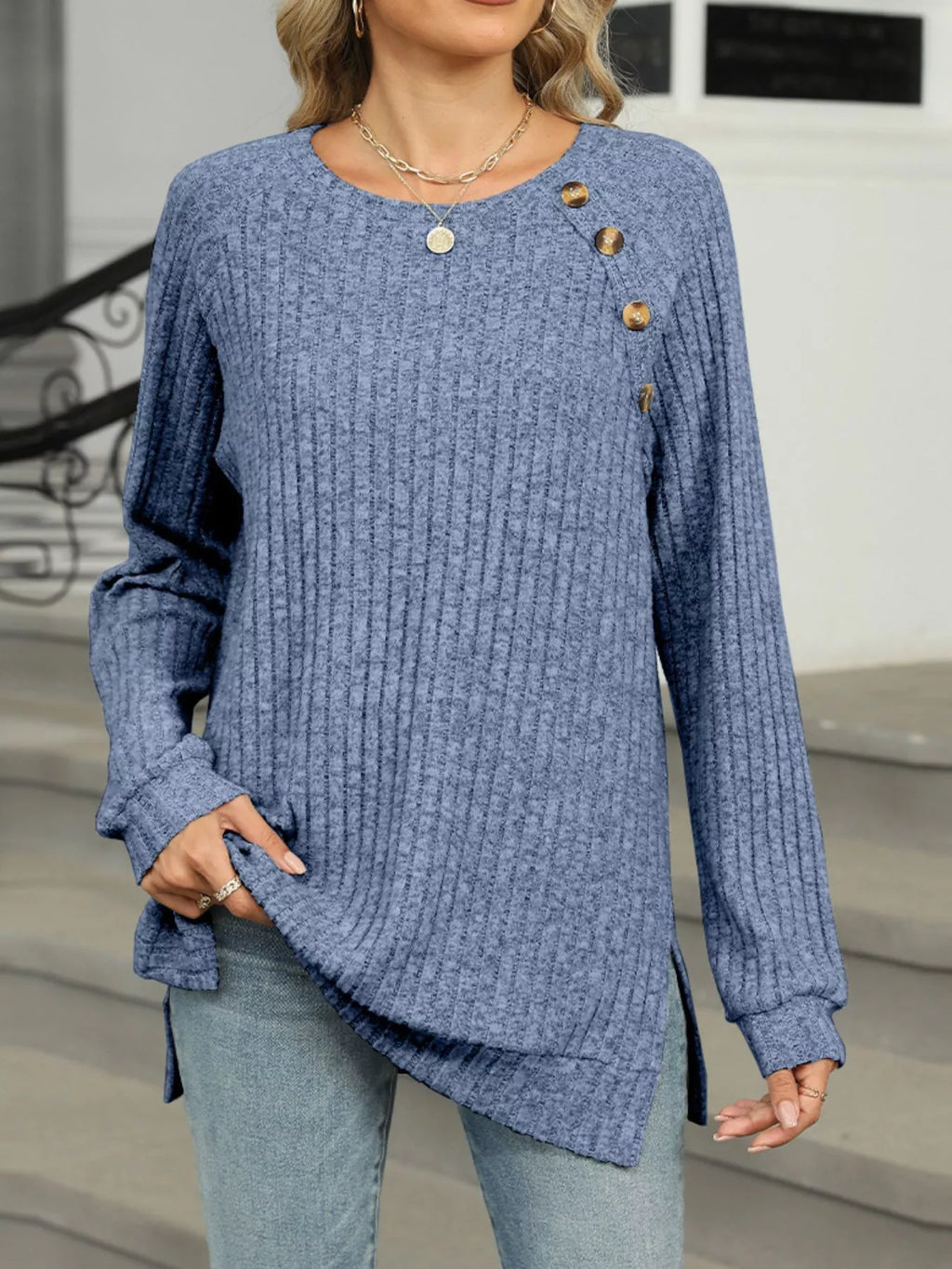 Round Neck Side Slit Ribbed Knit Top with Asymmetric Button Detail