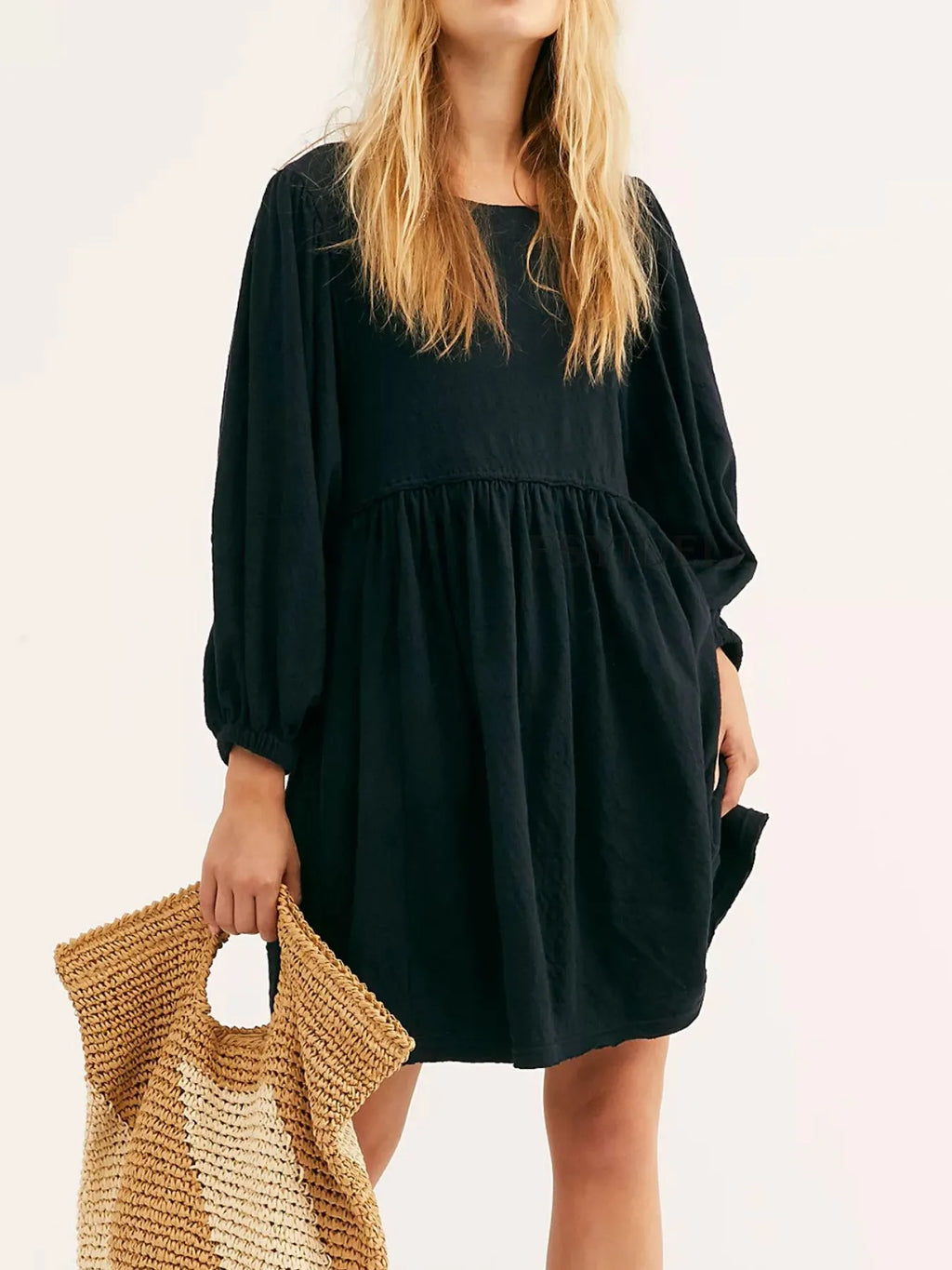 Relaxed Textured Babydoll Mini Dress with Back Keyhole Detail