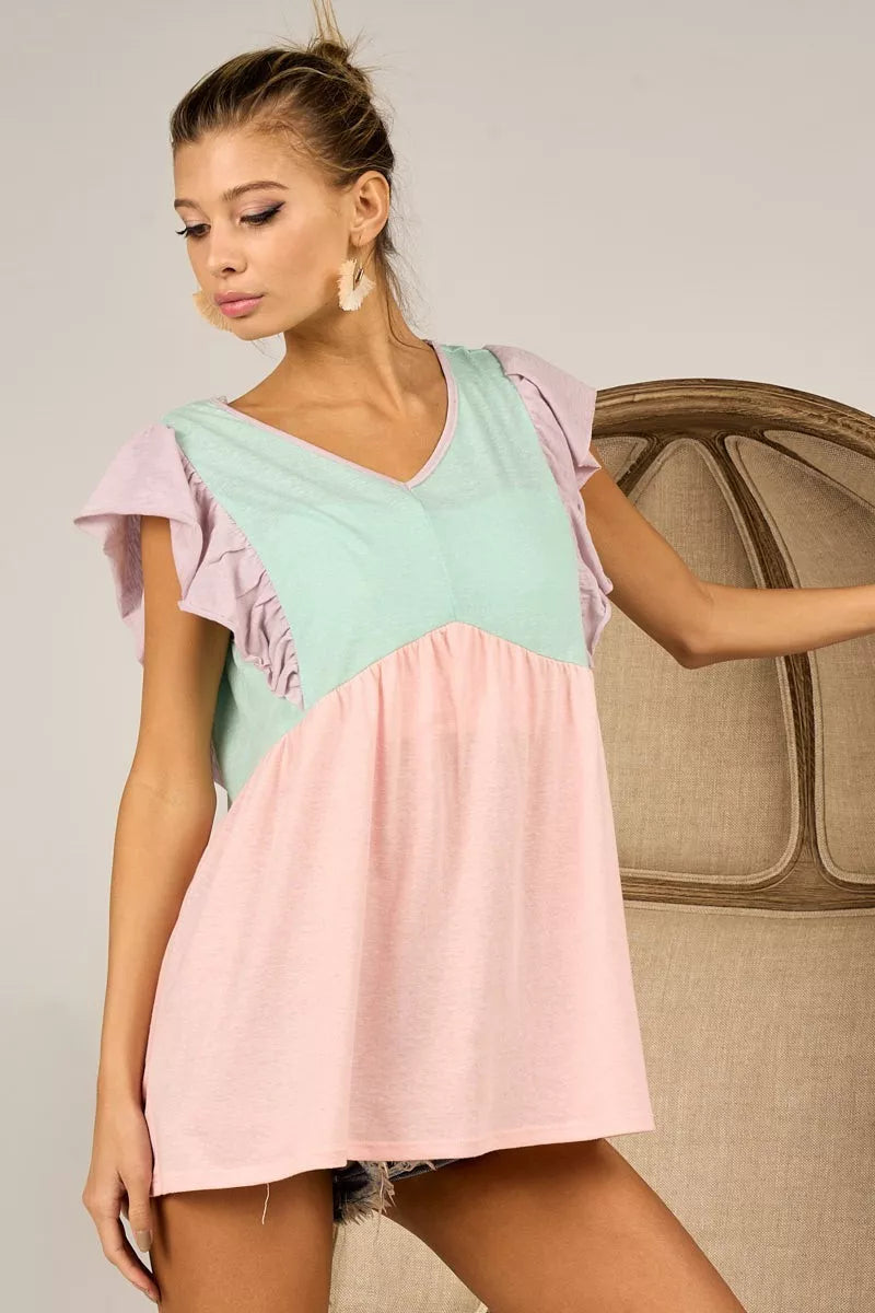 BiBi Triblend Color Block Ruffled Sleeve Babydoll Top