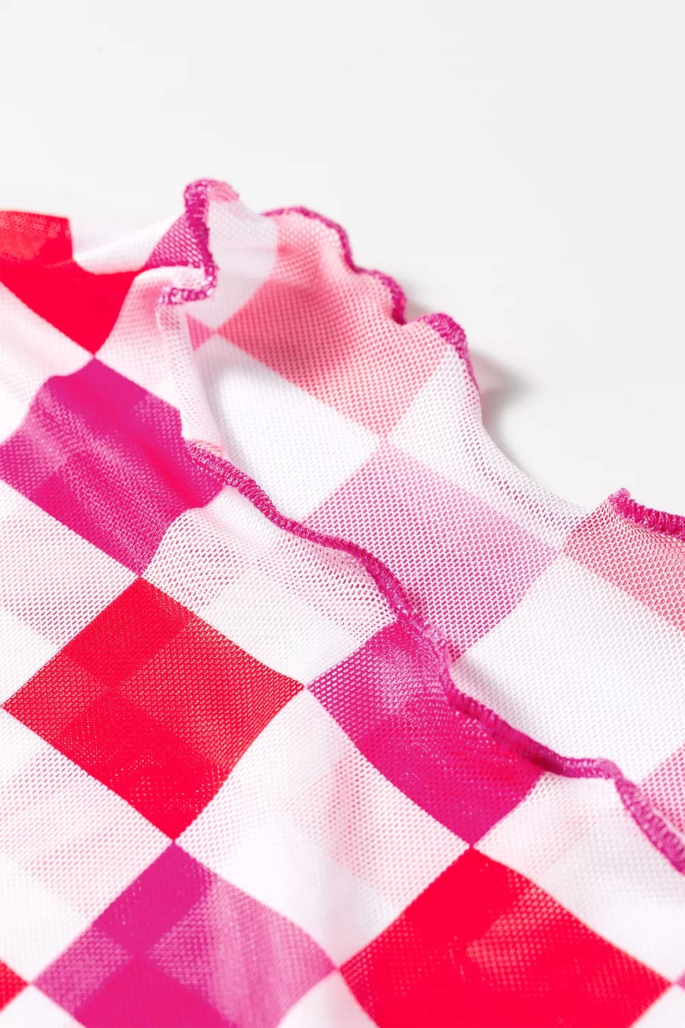 Plaid Heart Mesh Sheer Long Sleeve High Neck Top