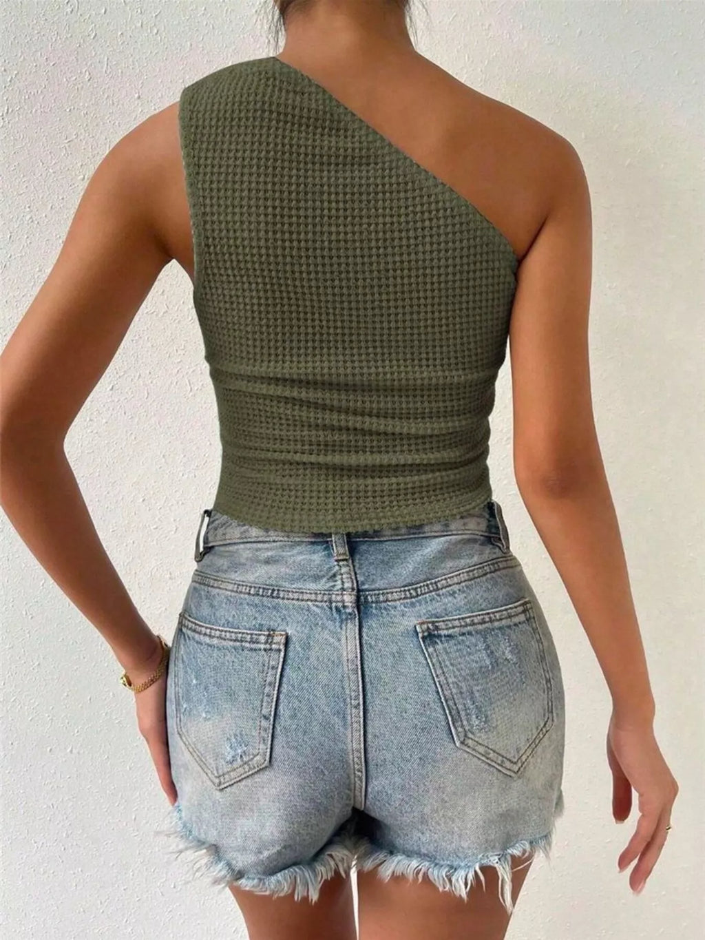 Asymmetrical One-Shoulder Waffle Knit Tank