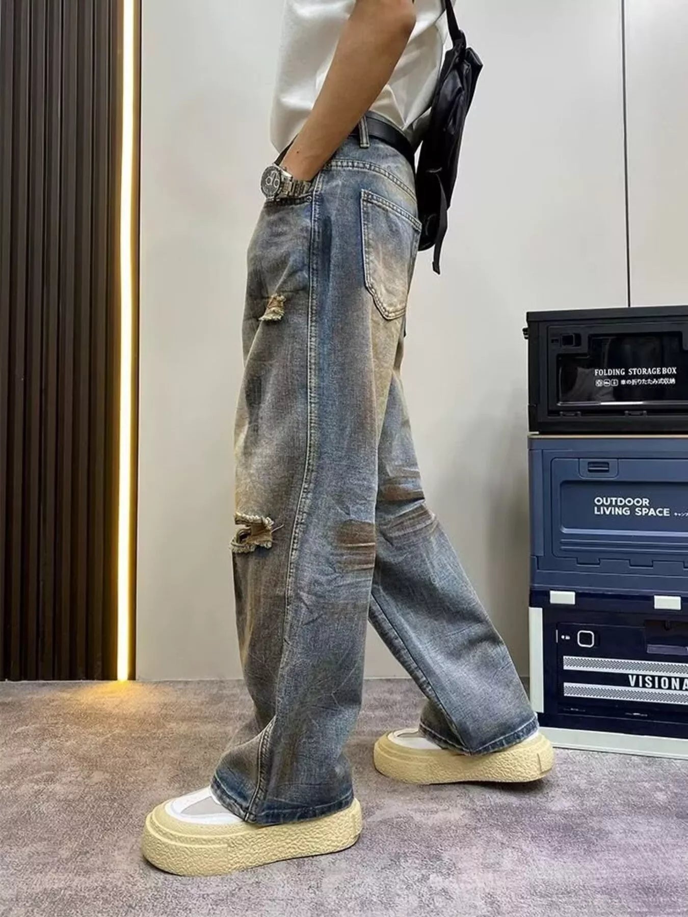 Men's Full Size Distressed Wide Leg Jeans Plus Size