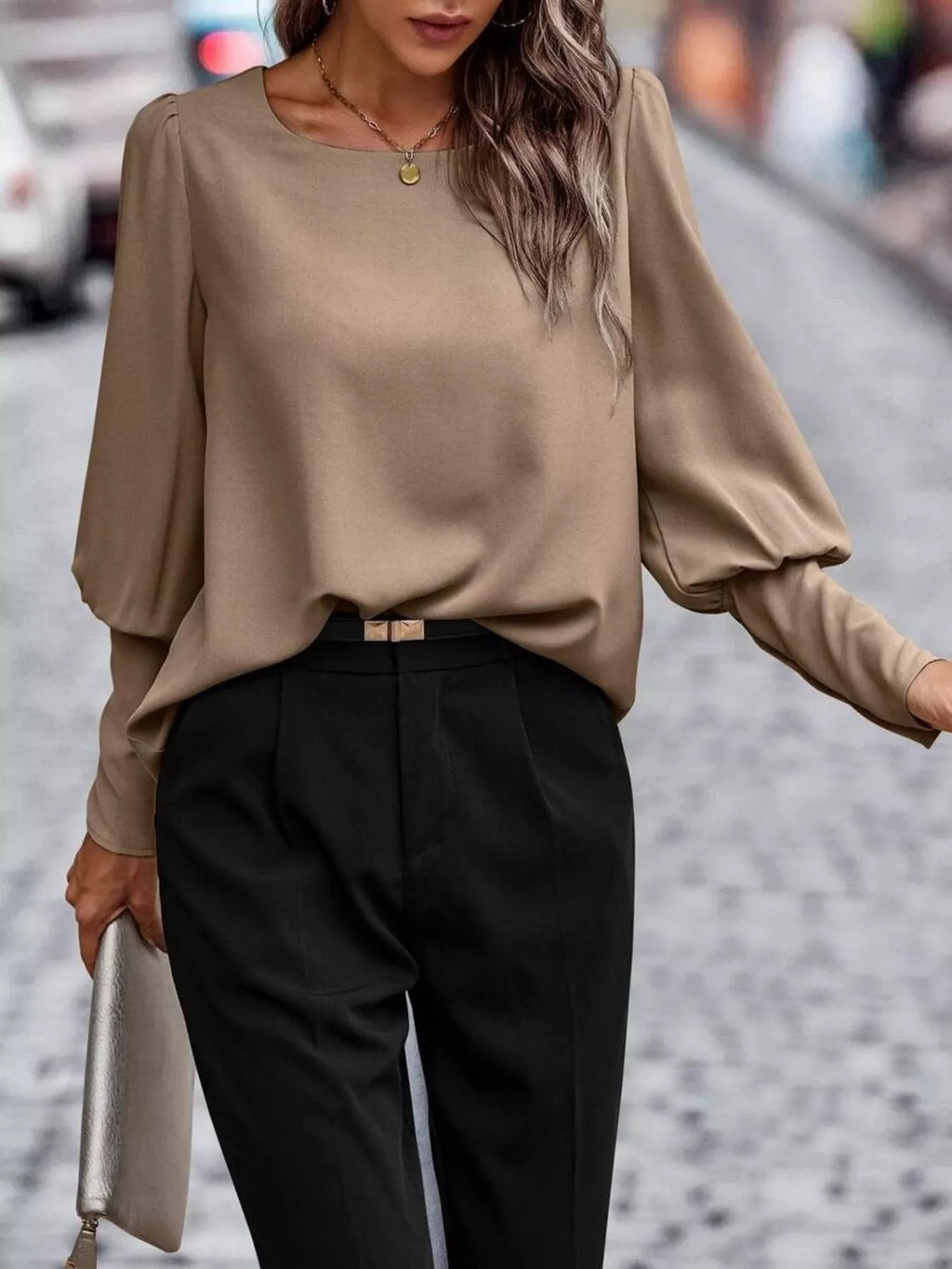 Back Button Lantern Sleeve Blouse
