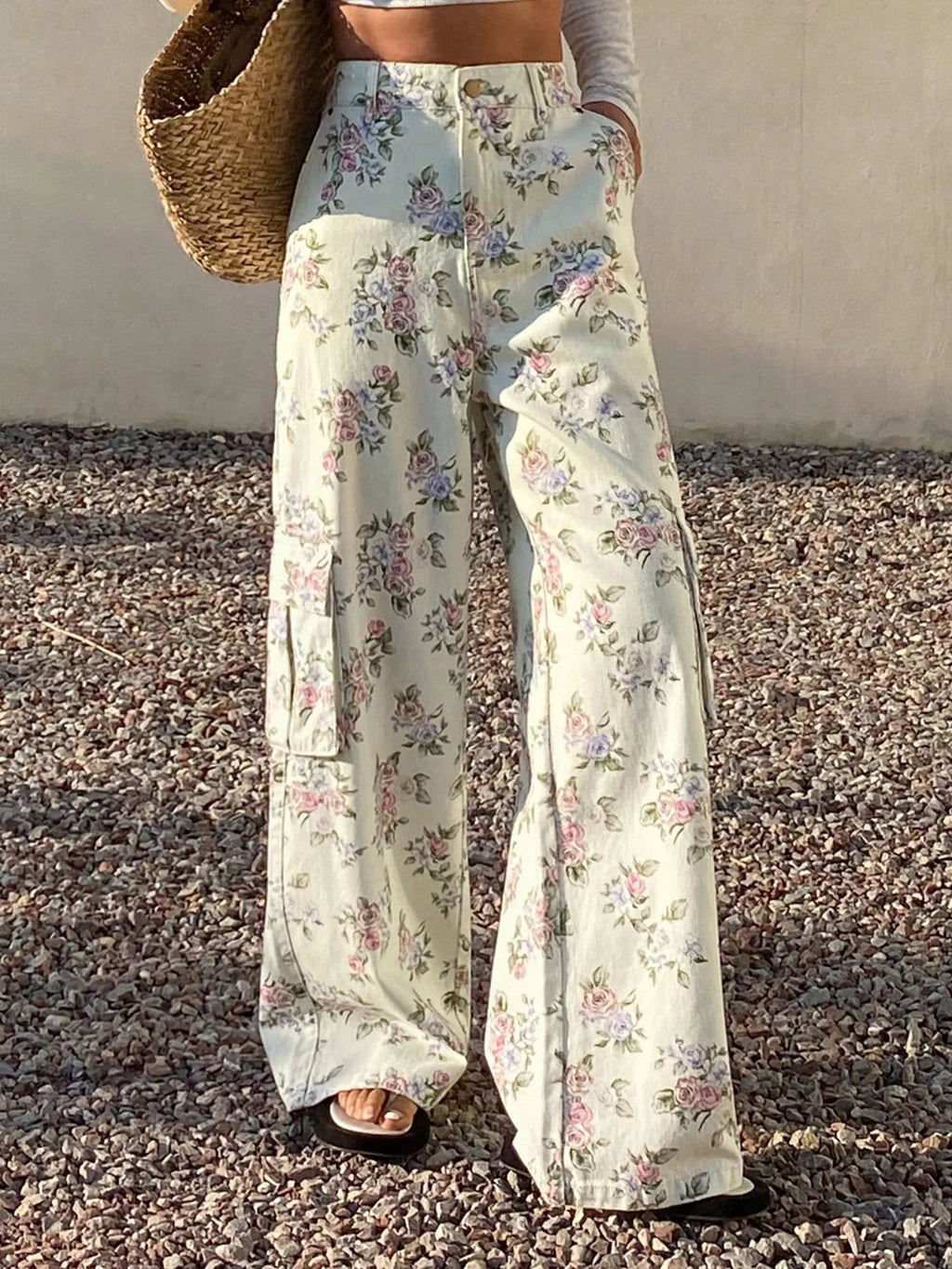 Floral Print Wide-Leg Jeans
