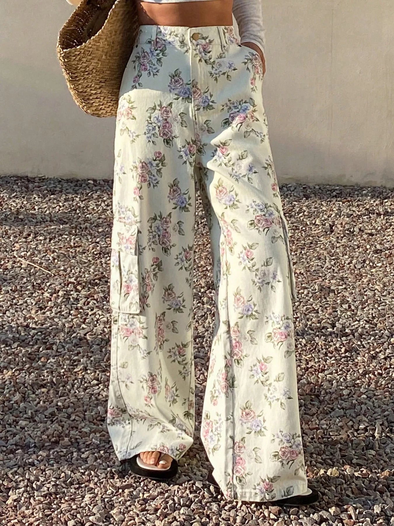 Floral Print Wide-Leg Jeans