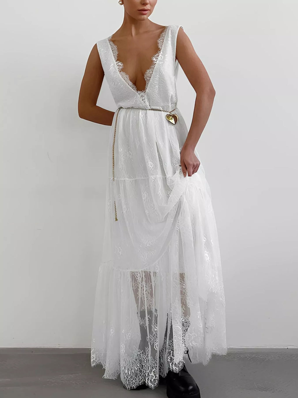 Lace Deep V-Neck Maxi Dress