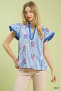 Umgee Embroidered Striped Flutter Sleeve Top