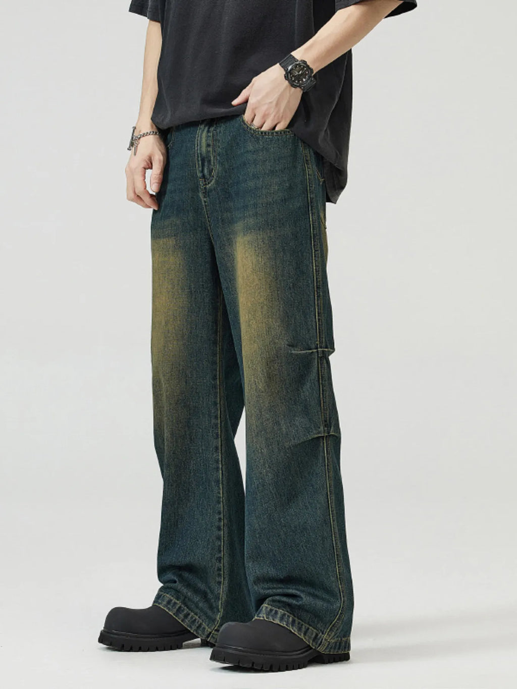 Men's Full Size Vintage Wash Wide Leg Jeans Plus Size
