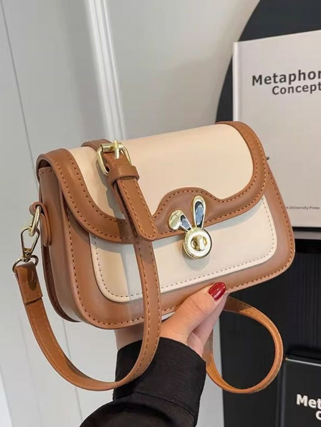 Rabbit Decor Color Block Flap Crossbody Bag