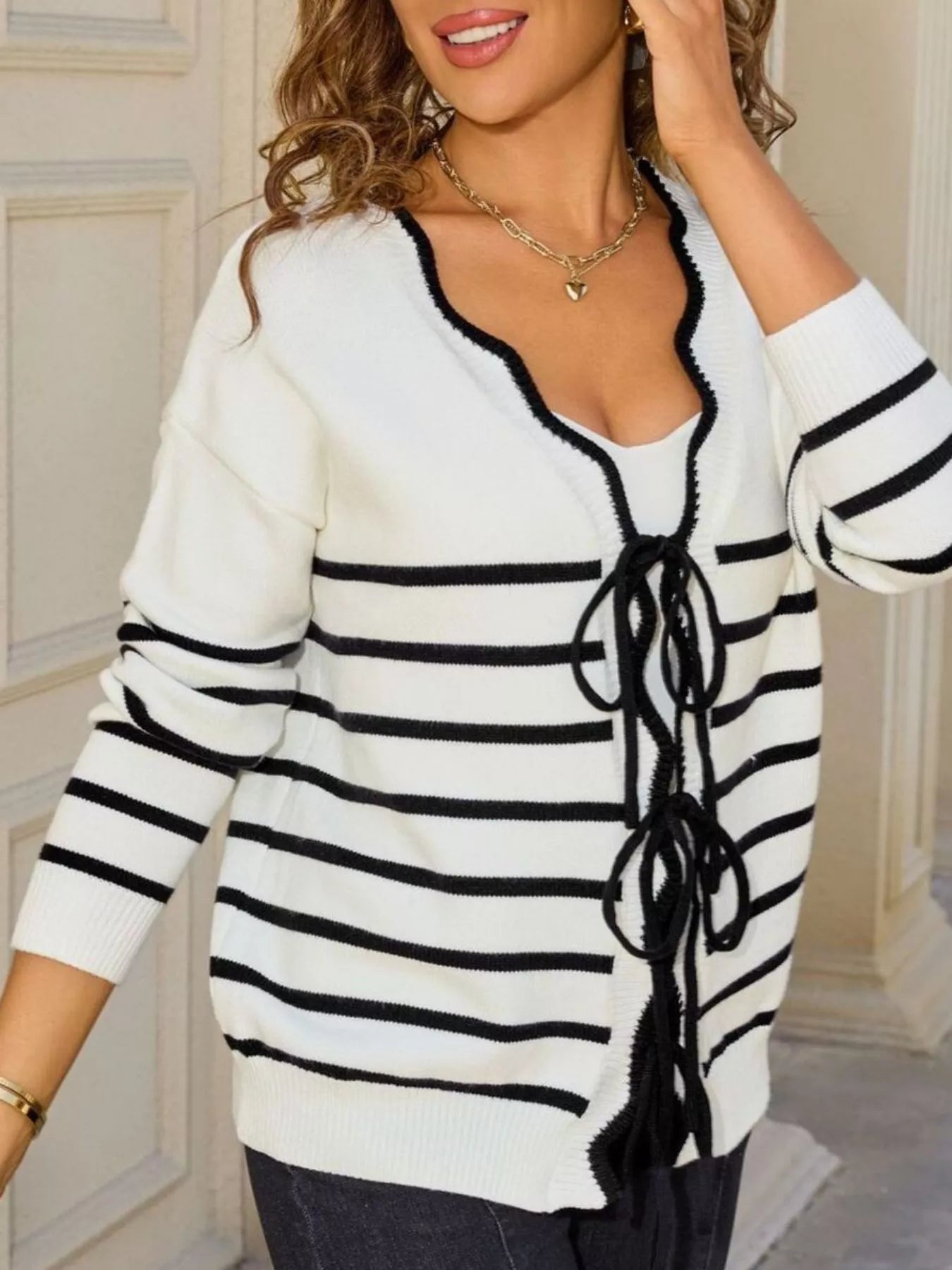 Striped Tie Front Knit Cardigan