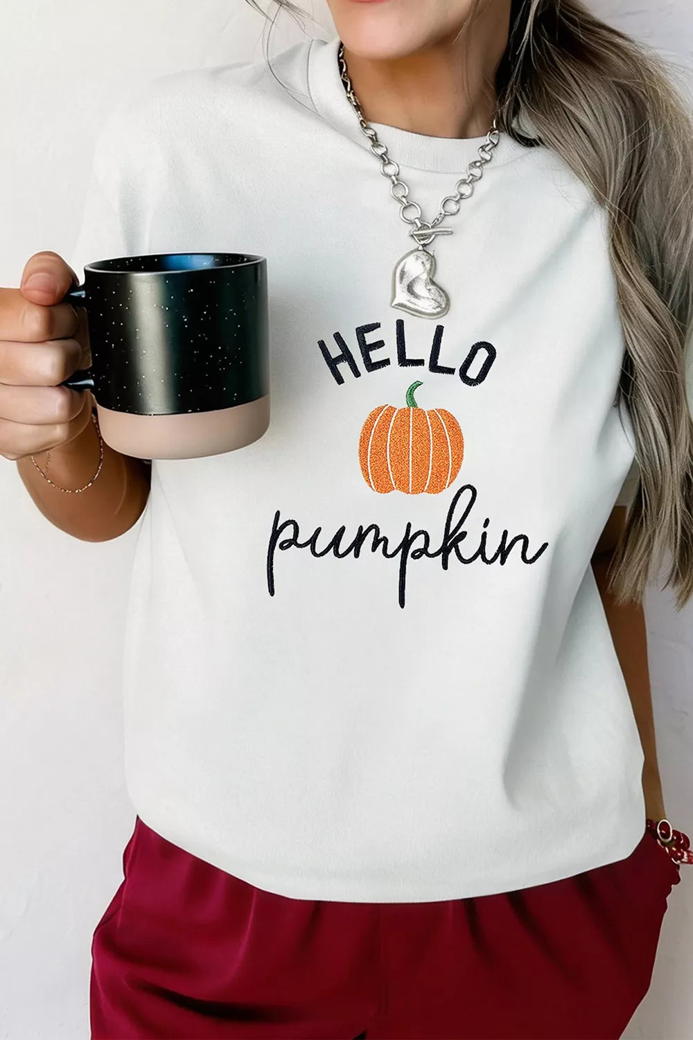 Embroidered Pumpkin Slogan Short Sleeve T-Shirt