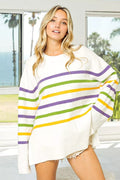 BiBi Ribbed Hem Mardi Gras Stripe Sweater
