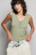 POL Studded Trim Button-Front Ruffle Detail Tank