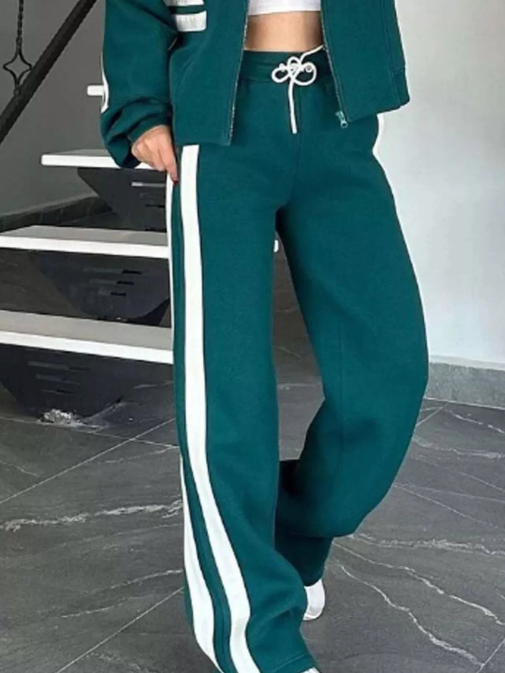 Full Size Striped Zip Up Outerwear and Pants Set Plus Size