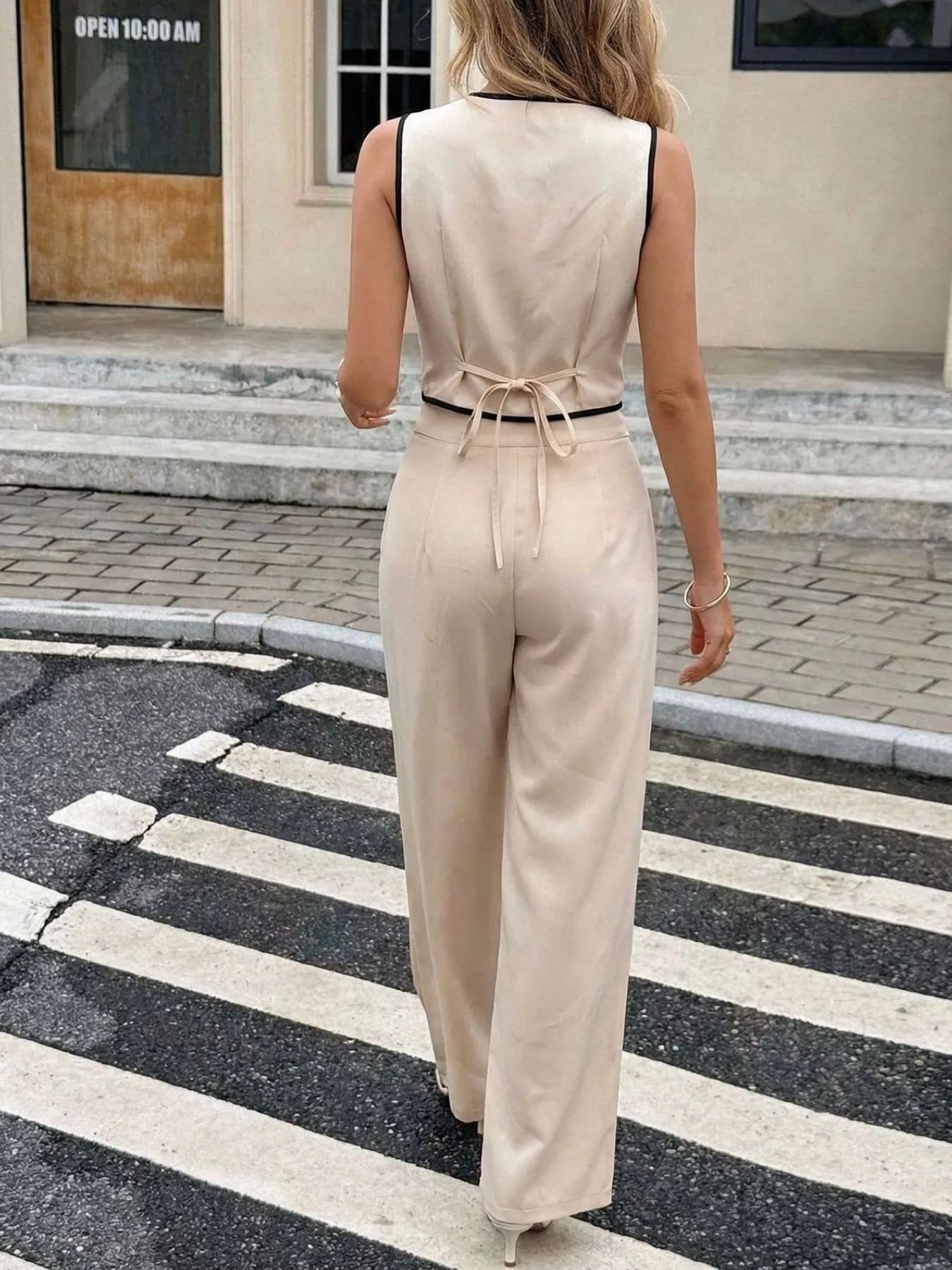 Contrast Trim Vest & Wide Leg Pants Set
