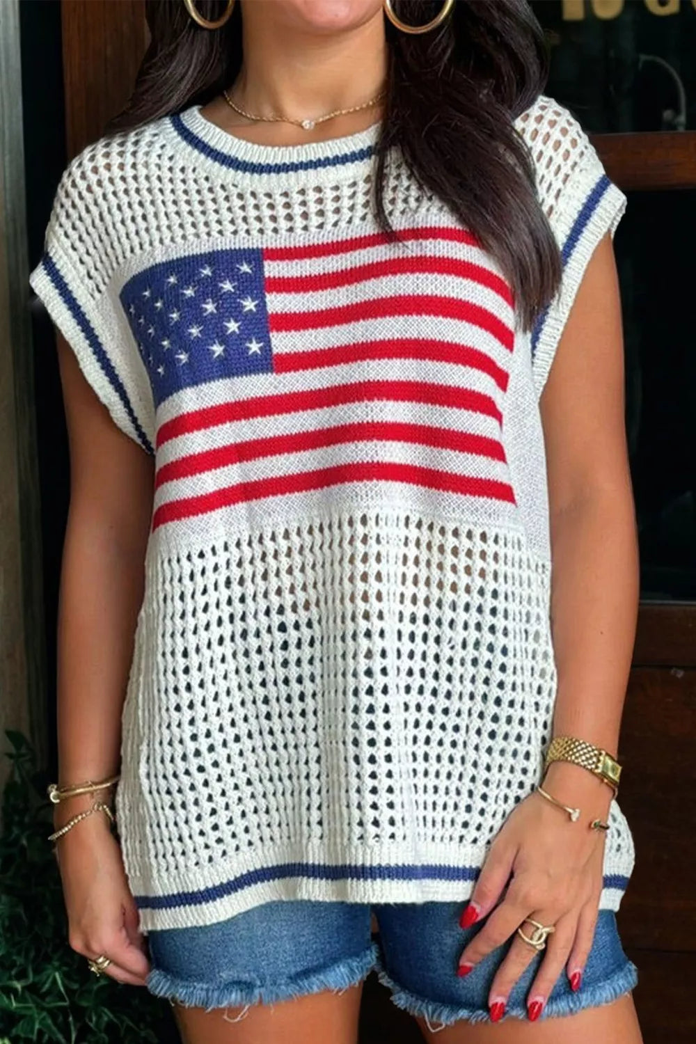 USA Flag Eyelet Knitted Cap Sleeve Sweater Top