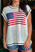 USA Flag Eyelet Knitted Cap Sleeve Sweater Top