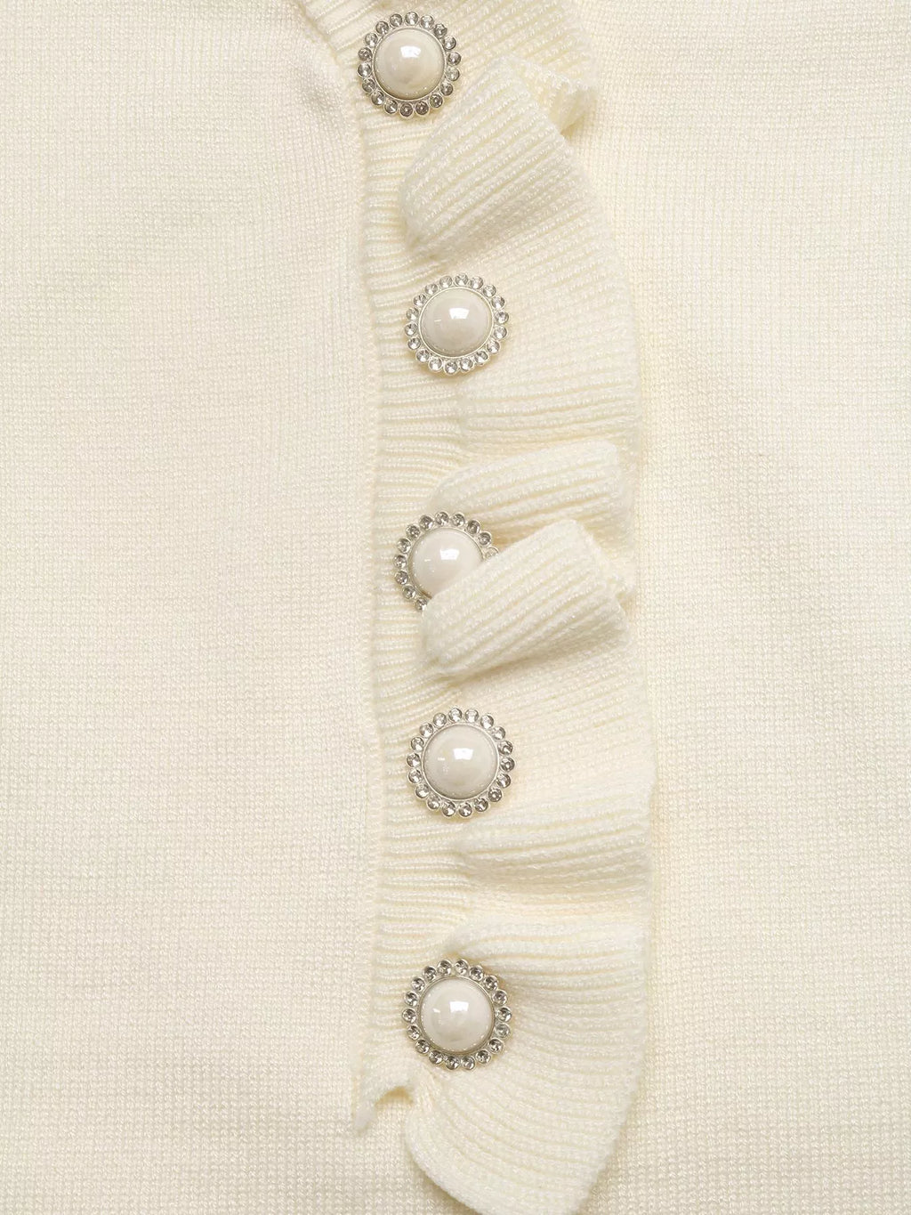 Ruffle Trim Pearl Button V-Neck Knit Top