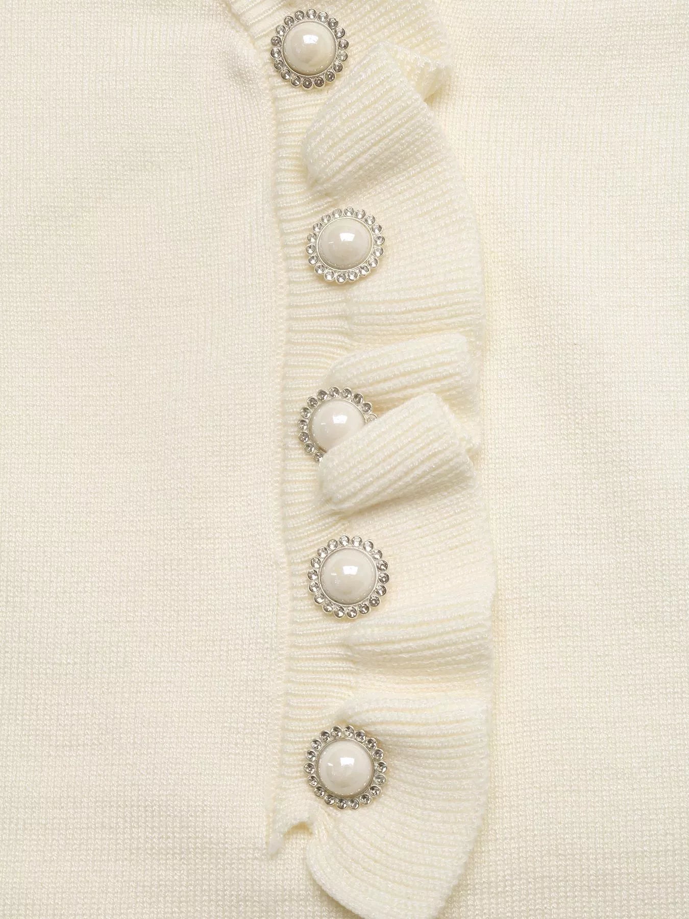 Ruffle Trim Pearl Button V-Neck Knit Top