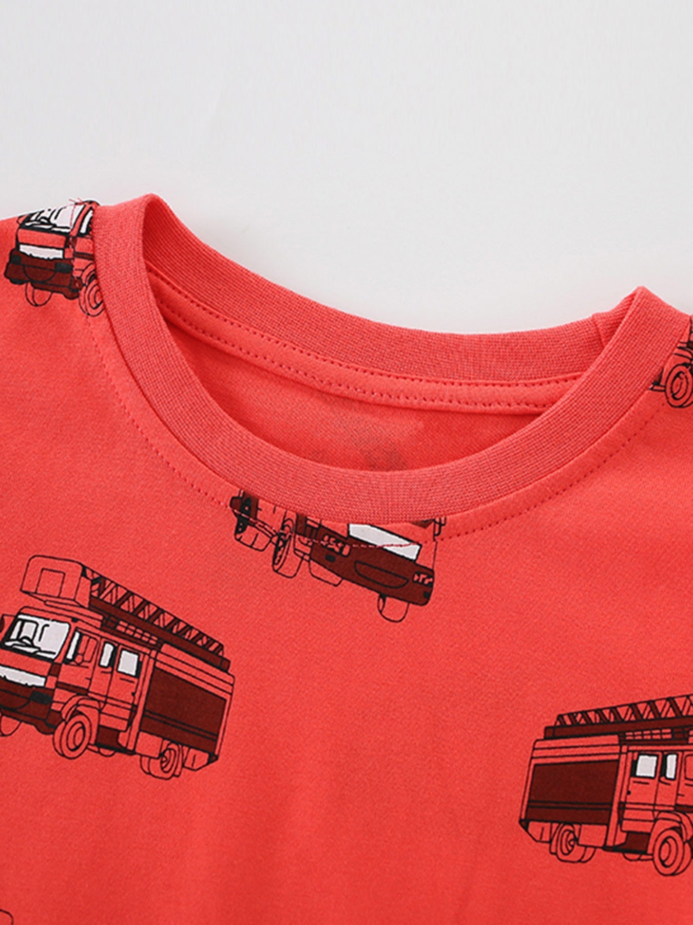 Children's Fire Truck Print Crew Neck Short Sleeve T-Shirt