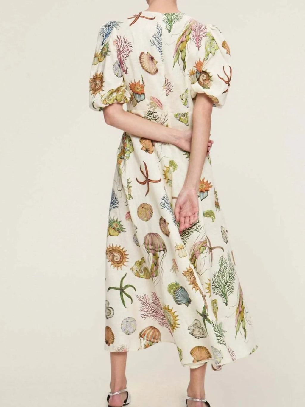 Printed Round Neck Puff Sleeve Dress