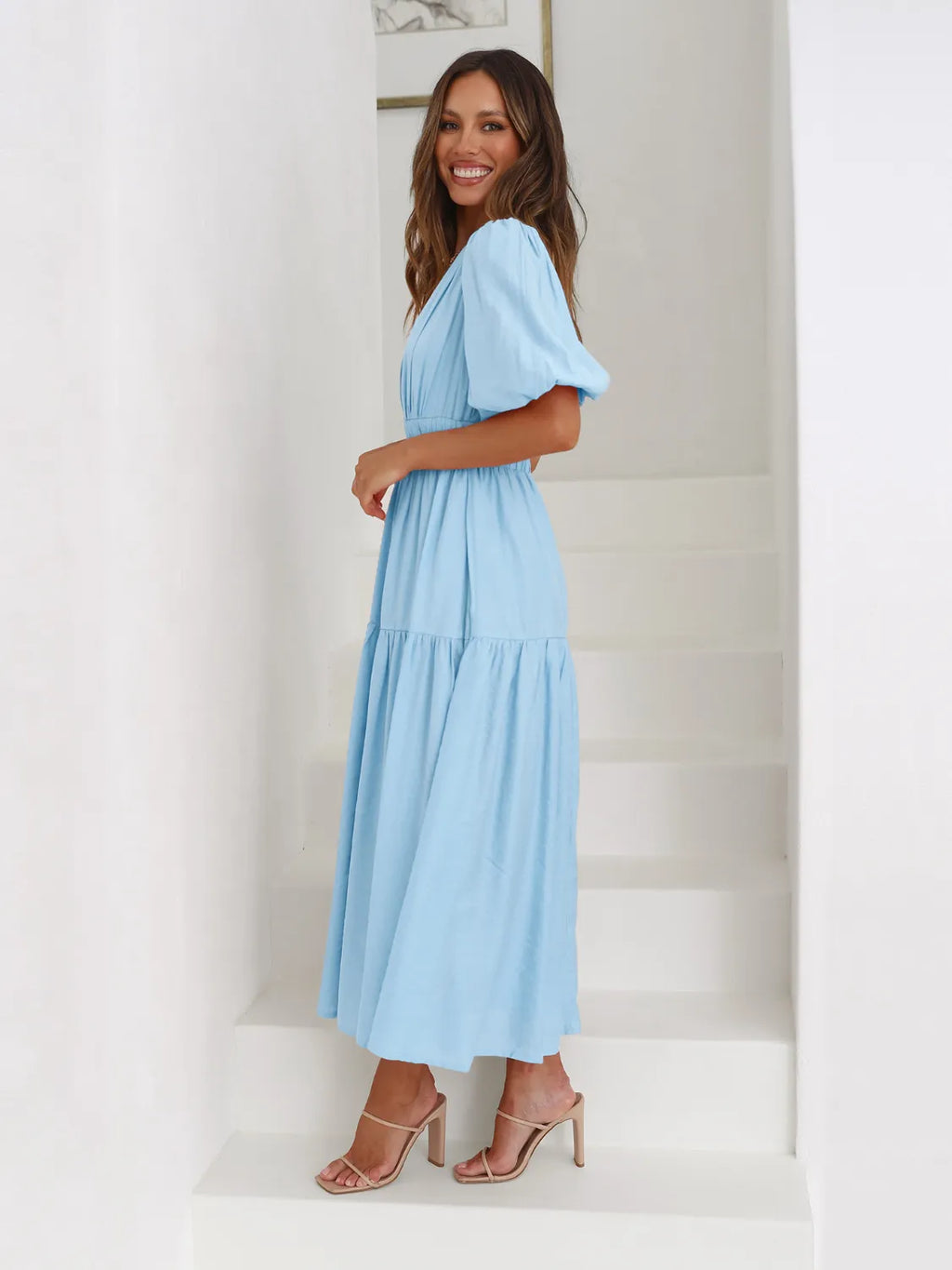 Surplice Half Puff Sleeve Midi Dress