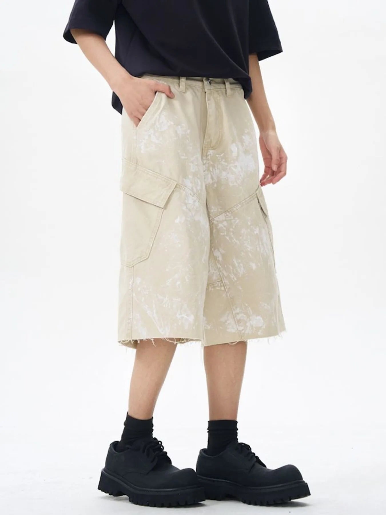 Men's Paint Splattered Cargo Bermuda Shorts with Distressed Edge Detail