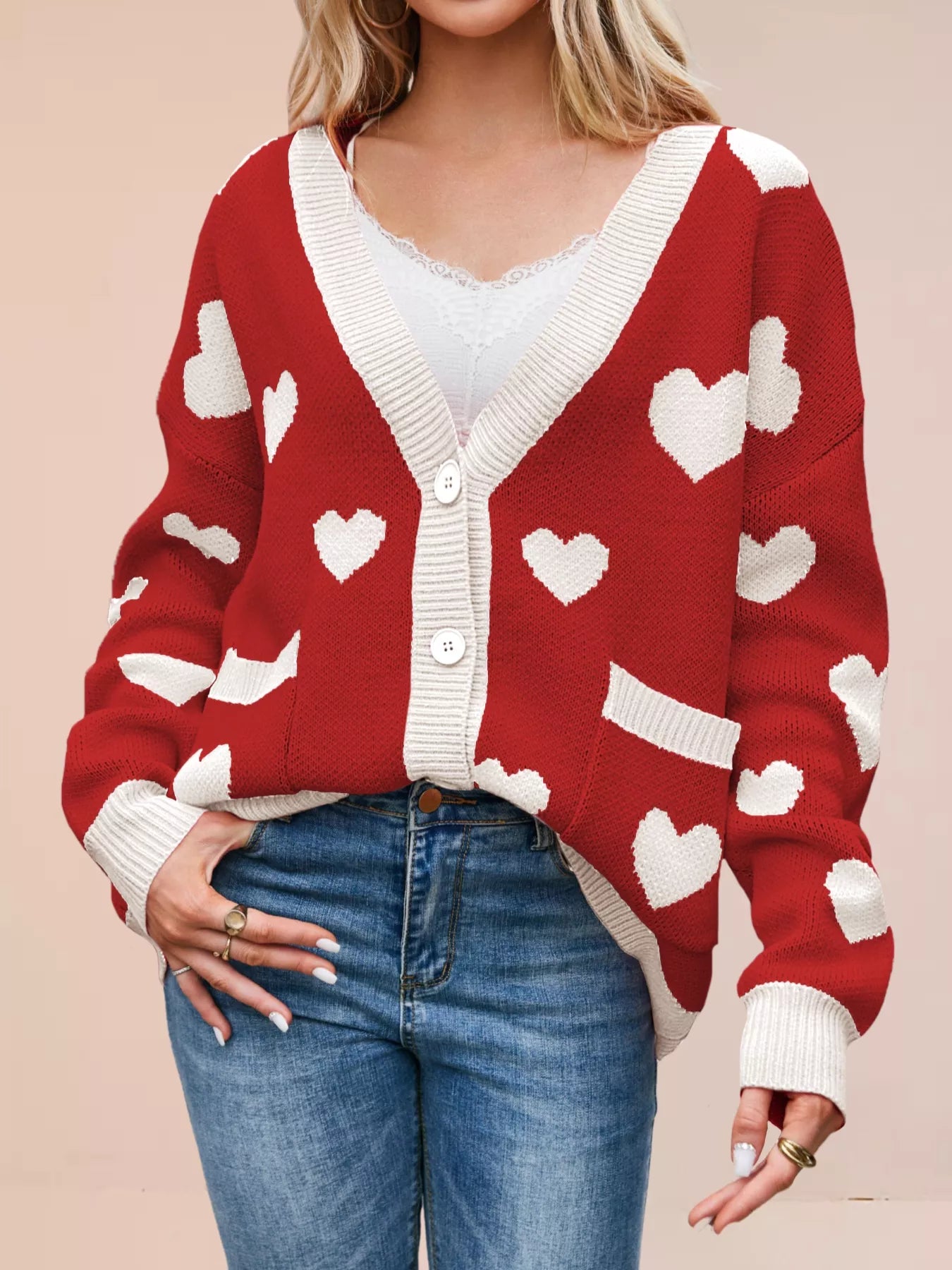Heart Pattern Button-Up Knit Cardigan