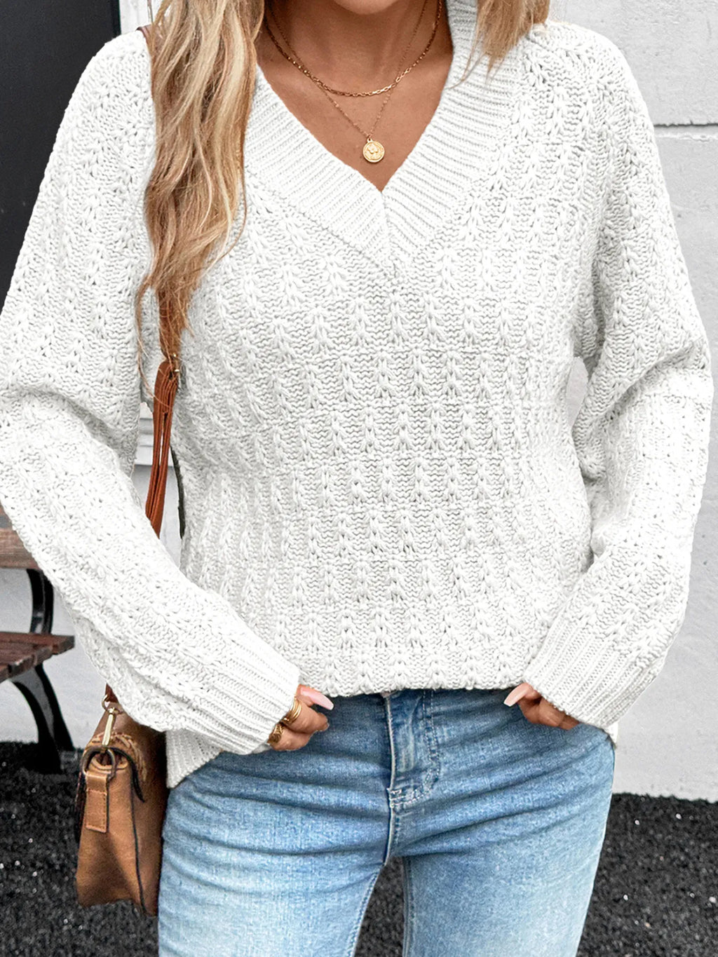 Textured Knit Ribbed Edge V Neck Loose Sweater