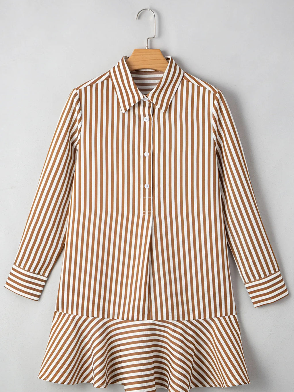 Stripe Ruffled Hem Collared Long Sleeve Shirt Mini Dress