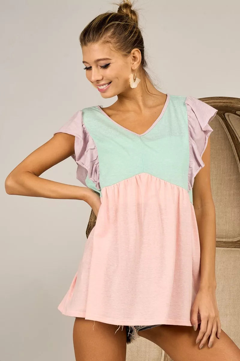BiBi Triblend Color Block Ruffled Sleeve Babydoll Top