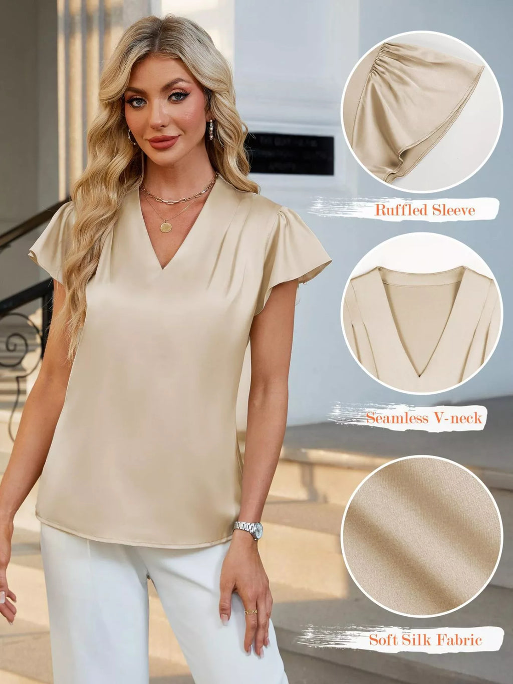 Satin V-Neck Flutter Sleeve Blouse
