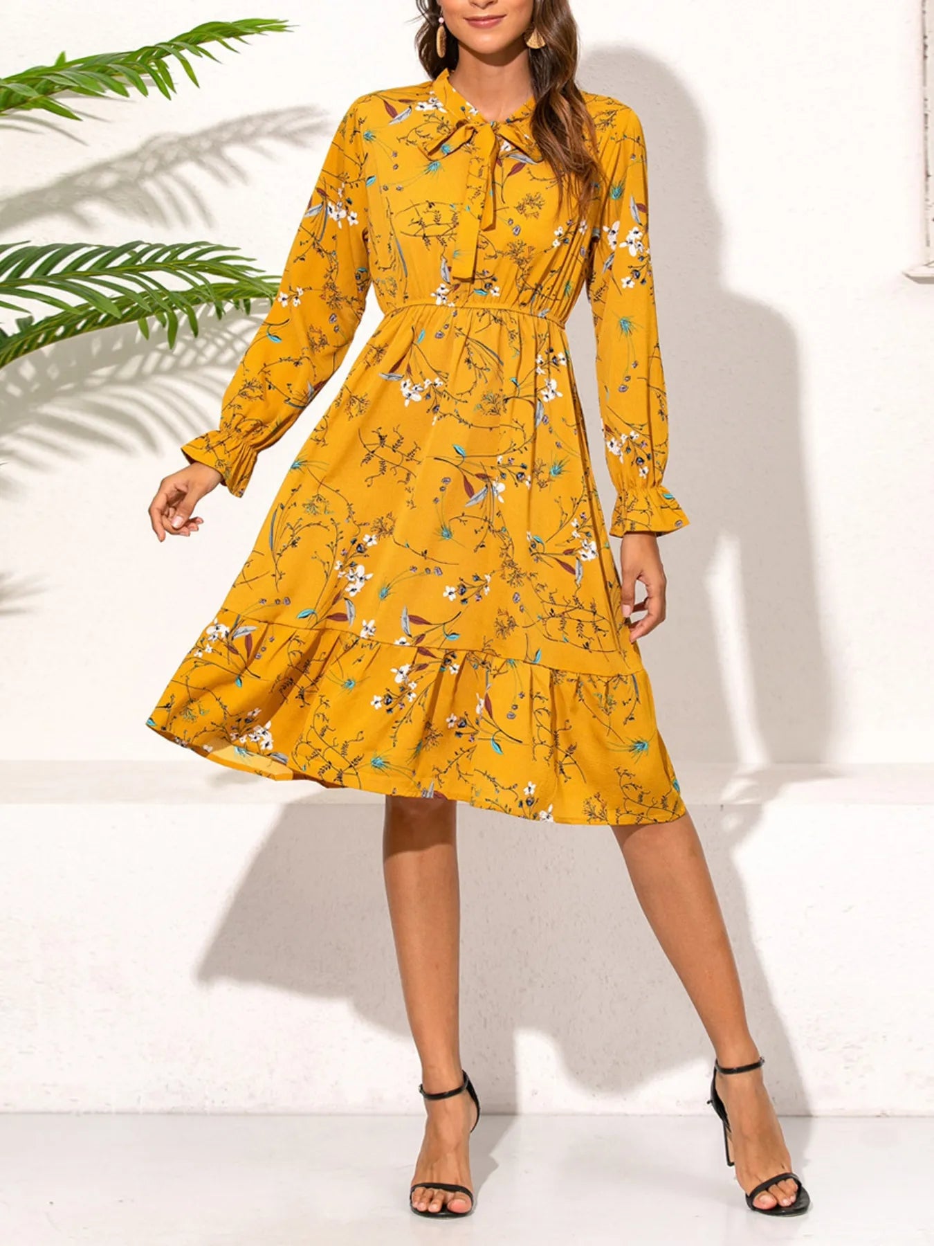 Ruffled Hem Floral Print Long Sleeve Dress