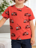 Children's Fire Truck Print Crew Neck Short Sleeve T-Shirt