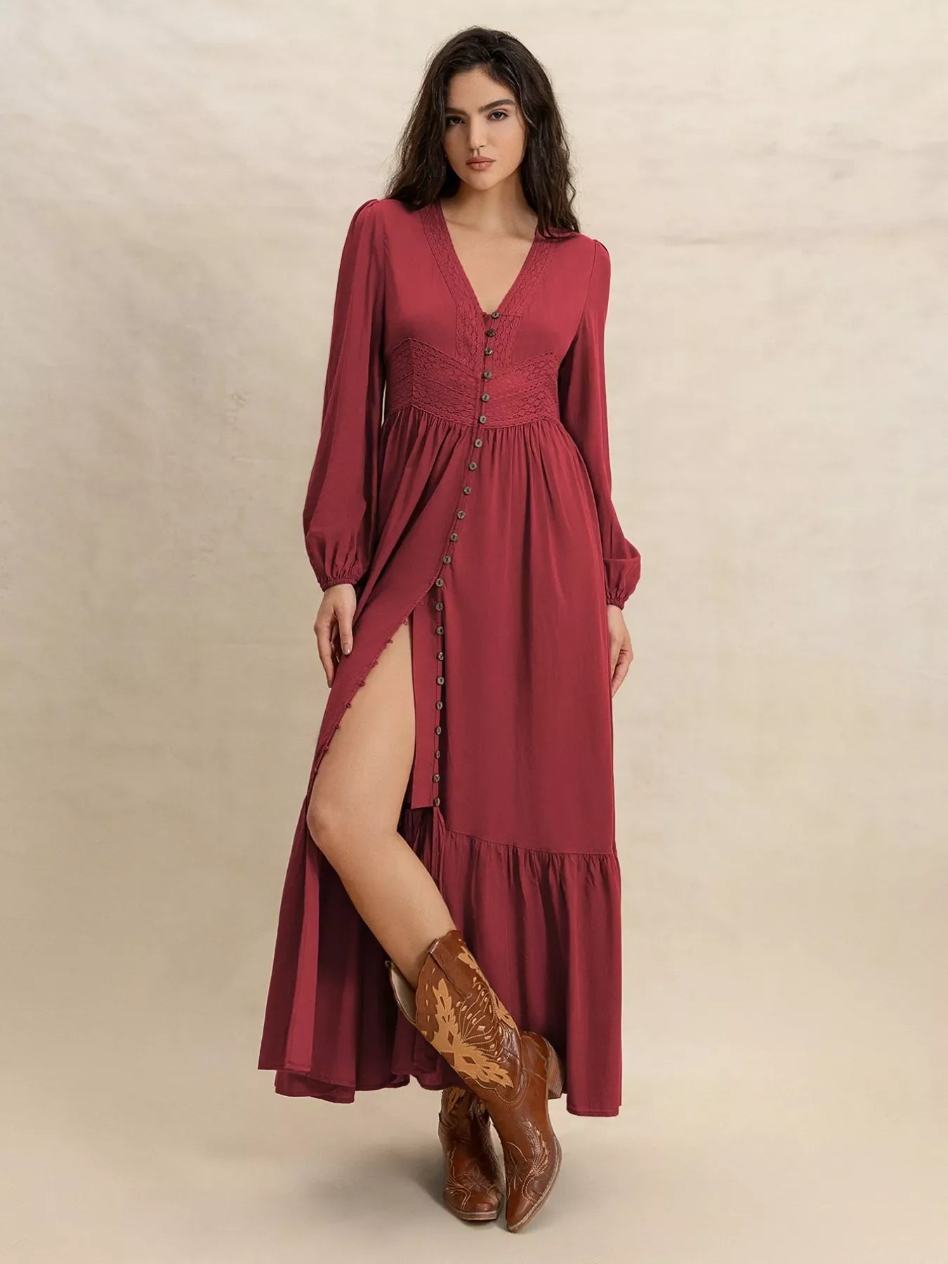 Plus Size V-Neck Balloon Sleeve Maxi Dress