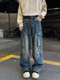 Men's Full Size Vintage Wash Wide Leg Cargo Jeans Plus Size