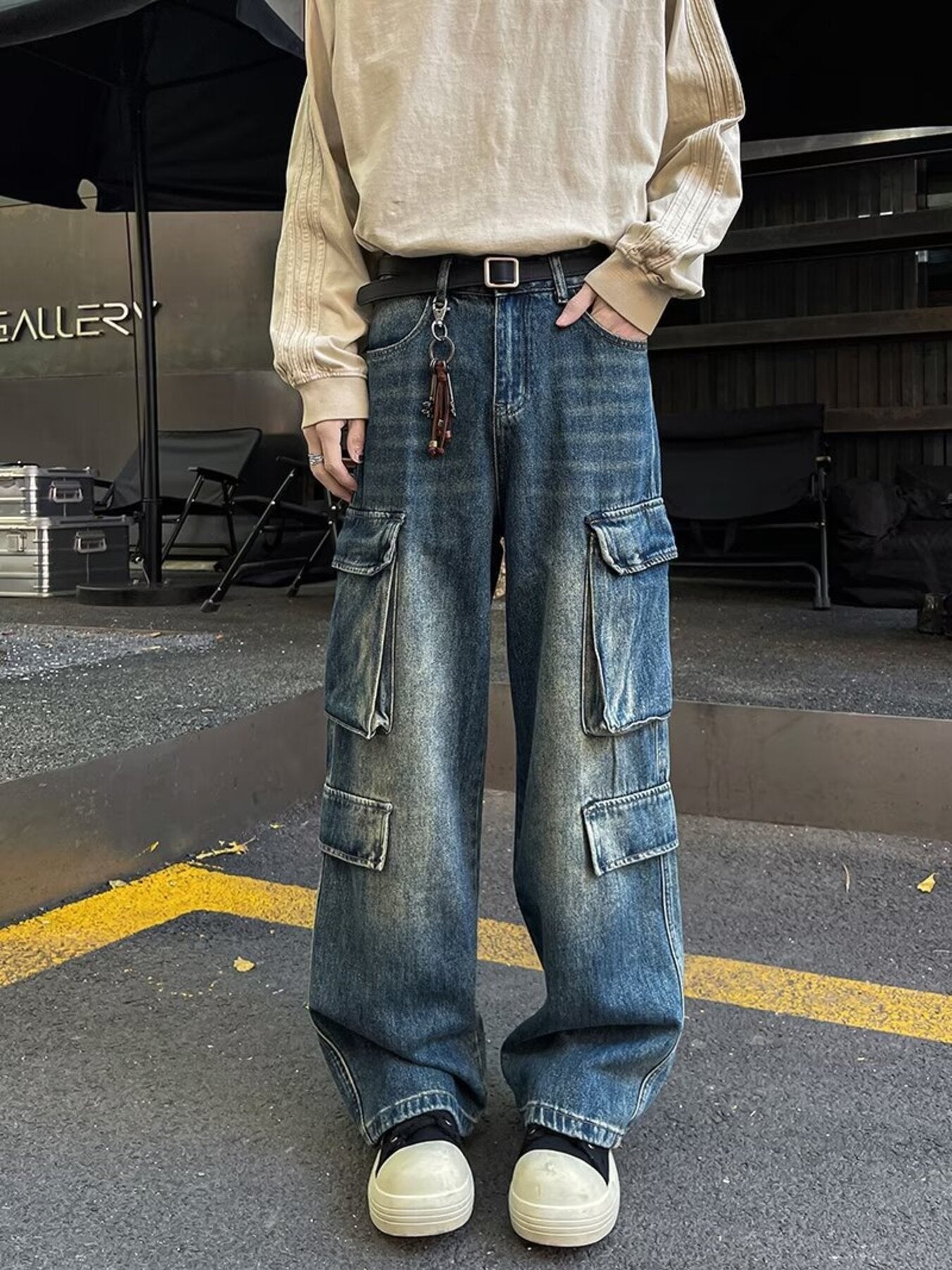 Men's Full Size Vintage Wash Wide Leg Cargo Jeans Plus Size