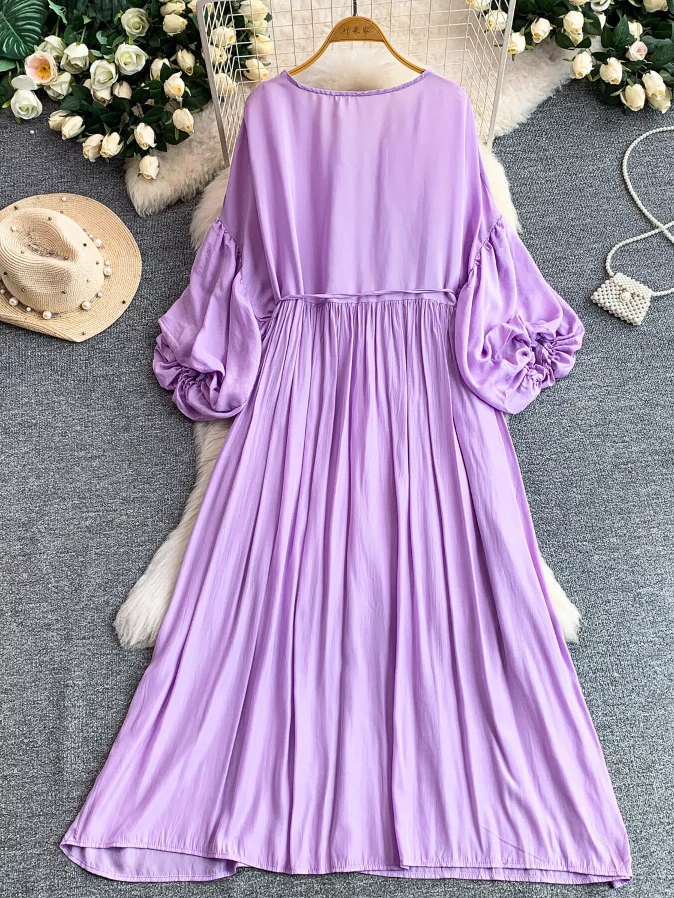 Balloon Sleeve Tie-Waist Dress