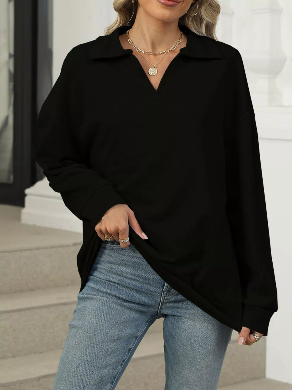 Johnny Collar Drop Shoulder Long Sleeve Sweatshirt
