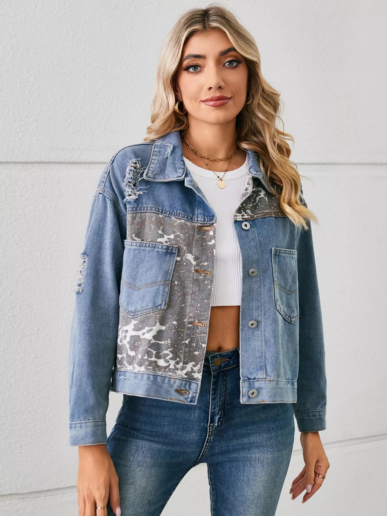 Snake Print Button Up Denim Jacket